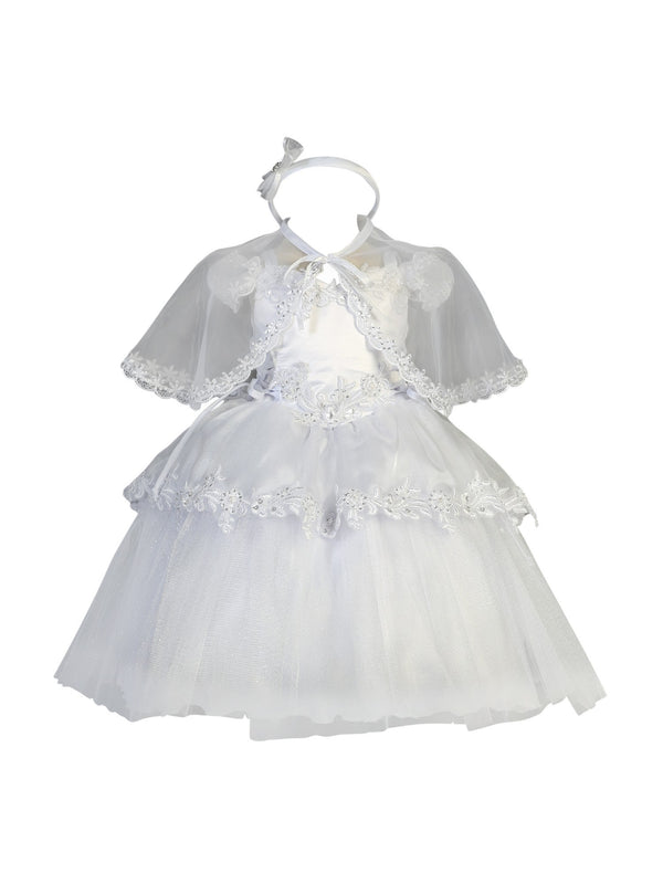Baby Girls White Off-Shoulder Organza Overlay Glitter Tulle Baptism Dress 6-9M - SophiasStyle.com